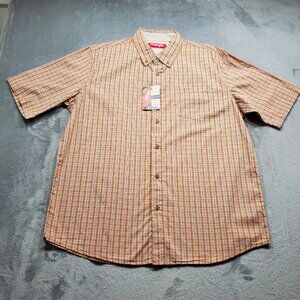 Wrangler Button Down Short Sleeve Plaid Shirt 1 Pocket Orange Brown Tan Men Sz L